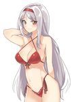  adjusting_hair arm_behind_back bare_shoulders bikini blush cowboy_shot kantai_collection long_hair looking_at_viewer navel red_bikini sensen shoukaku_(kantai_collection) silver_hair simple_background solo swimsuit very_long_hair white_background 