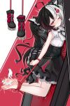  1girl absurdres banbanban_li barefoot black_choker black_hair black_shoes black_skirt bound breasts choker collared_shirt commentary_request feathers hair_ornament heart heart_hair_ornament highres lacrimosa_(nte) long_hair multicolored_hair neverness_to_everness one_eye_closed open_mouth red_eyes red_streaks shirt shoes skirt small_breasts solo streaked_hair tickling tickling_feet tied_up_(nonsexual) tomato twintails unworn_shoes white_hair white_shirt x_hair_ornament 
