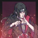  1boy akatsuki_uniform black_border black_hair border commentary cris_axiomatic curtained_hair fishnet_top fishnets floating_hair forehead_protector highres holding holding_kunai holding_weapon konohagakure_symbol kuji-in kunai long_hair looking_at_viewer male_focus naruto_(series) naruto_shippuuden parted_lips red_eyes sharingan solo uchiha_itachi upper_body weapon 