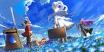  1boy 2girls absurdres axe battle_axe black_boots black_coat black_pants black_pantyhose blue_eyes blue_sky boots capelet cloud coat commentary_request day dutch_angle elf expressionless fern_(sousou_no_frieren) field floating_hair flower flower_field frieren full_body highres holding holding_axe holding_suitcase jacket layered_sleeves long_hair long_sleeves looking_back mage_staff mountain multiple_girls outdoors pants pantyhose pointy_ears purple_hair red_hair red_jacket scenery short_hair skirt sky sousou_no_frieren staff standing stark_(sousou_no_frieren) straight_hair suitcase turning_head twintails user_hprz7458 very_long_hair weapon white_capelet white_hair white_jacket white_skirt windmill 