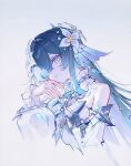  1girl ai-generated bare_shoulders bow bright_pupils collar commentary crystal_shards detached_sleeves dress earrings eyeshadow fins flower gem genshin_impact green_hair hair_flower hair_ornament hair_over_one_eye head_fins highres jewelry long_hair looking_at_viewer makeup mluac pearl puffy_detached_sleeves puffy_sleeves simple_background solo vodyanitsa_(genshin_impact) white_collar white_dress white_flower white_pupils white_sleeves 