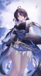  1girl absurdres ahoge black_dress black_hair blue_eyes blue_hair breasts closed_mouth colored_inner_hair commentary_request dress hair_intakes hair_ornament hanir highres holding holding_sword holding_weapon jacket large_breasts long_sleeves looking_at_viewer multicolored_hair parted_bangs smile solo sword tacet_mark_(wuthering_waves) weapon white_jacket wide_sleeves wuthering_waves yangyang_(wuthering_waves) yangyang_(xuanling)_(wuthering_waves) 