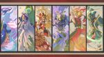  2girls 3boys 765_nanami absurdres air_bubble amaterasumon animal_helmet armor astronaut bamboo black_hair bodysuit bubble chinese_armor claw_(weapon) column_lineup covered_eyes digimon digimon_(creature) dog erlangmon facial_hair fire floating_head forehead_jewel gauntlets goatee gold_mask green_armor green_helmet helmet highres holding holding_weapon horns kaguyamon lion_head_(ornament) lion_mask long_hair long_mustache multiple_boys multiple_girls mustache nezhamon purple_hair red_bodysuit red_eyes red_scarf robe ryugumon scarf sea_slug signature single_horn smile takutoumon underwater weapon wheel white_robe yellow_eyes yin_yang 