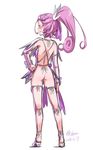  ass backless_outfit blush clenched_teeth cure_sword dated dokidoki!_precure embarrassed from_behind full_body hair_ornament hand_on_hip highres isedaichi_ken kenzaki_makoto looking_back magical_girl ponytail precure purple_eyes purple_hair simple_background solo spade_hair_ornament teeth twitter_username white_background 