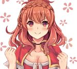  &gt;:) bangs blush braid breasts capelet claudia_(sennen_sensou_aigis) cleavage clenched_hands crown_braid looking_at_viewer medium_breasts qunqing red_eyes red_hair sennen_sensou_aigis smile solo upper_body v-shaped_eyebrows white_background 