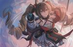  1girl absurdres angelina_(arknights) angelina_the_mellow_wish_(arknights) animal_ears arknights black_hairband blush breasts brown_eyes brown_hair commentary craneodes dress drill_hair english_commentary fox_ears fox_girl from_side hairband highres large_breasts long_hair looking_at_viewer looking_up off_shoulder red_dress ripples smile solo standing standing_on_liquid twin_drills twintails very_long_hair water 