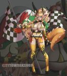  1girl absurdres animal_ears artist_name ass_visible_through_thighs belt bikini black_choker black_shoes blonde_hair blush bowser bowsette breasts character_background check_commentary checkered_flag chinese_commentary choker commentary_request cropped_jacket crown detached_sleeves earrings english_commentary fake_animal_ears fingerless_gloves flag gloves green_belt green_gloves green_jacket green_scales green_sleeves green_thighhighs highres holding holding_flag horns huge_breasts jacket jewelry large_tail lipstick long_hair makeup mario_(series) mixed-language_commentary multicolored_thighhighs playboy_bunny pointy_ears ponytail rabbit_ears race_flag shoes short-sleeved_jacket short_sleeves smile solo spiked_tail string_bikini swimsuit tail teeth thighhighs two-tone_sleeves two-tone_thighhighs tytoworkshop unzipped yellow_bikini yellow_sleeves yellow_thighhighs 