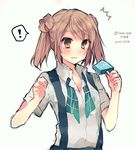  /\/\/\ 1girl :o artist_name bad_id bad_pixiv_id blonde_hair bow bowtie dated double_bun food holding holding_food ice_cream ikeuchi_tanuma kantai_collection michishio_(kantai_collection) open_mouth popsicle school_uniform see-through short_sleeves simple_background solo suspenders twintails twitter_username untied upper_body wavy_mouth white_background yellow_eyes 