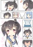  3girls :3 :d ? amatsukaze_(kantai_collection) anchor anchor_symbol black_hair blue_eyes blue_hair blush brown_eyes comic dress eighth_note grey_hair hair_tubes hairband hat hatsukaze_(kantai_collection) jewelry kantai_collection long_hair looking_at_viewer looking_to_the_side matsuu_(akiomoi) mini_hat multicolored_hair multiple_girls musical_note open_mouth pointing pointing_at_self ring ring_box sailor_dress school_uniform serafuku short_hair short_hair_with_long_locks silver_hair simple_background smile sparkle spoken_musical_note spoken_question_mark surprised tokitsukaze_(kantai_collection) wedding_band white_background windsock 