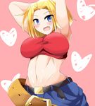  abs armpits bad_id bad_pixiv_id baggy_pants bare_shoulders belt blonde_hair blue_eyes blue_mary blush breasts crop_top fang fatal_fury fingerless_gloves gloves halter_top halterneck heart karatakewari large_breasts looking_at_viewer midriff navel open_mouth pants short_hair simple_background smile solo straight_hair the_king_of_fighters 