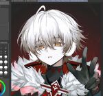  1boy :o ahoge alyosha_(genshin_impact) art_program_in_frame black_gloves black_sweater brown_hair cape cherry_(sp_gkdla) colored_eyelashes earmuffs expressionless eyelashes fur-trimmed_cape fur_trim genshin_impact gloves gradient_background gradient_hair hair_between_eyes hand_up highres hood hood_down hooded_cape looking_at_viewer male_focus multicolored_hair open_mouth red_background ronova_(genshin_impact) short_hair solo spoilers sweater symbol-shaped_pupils turtleneck turtleneck_sweater unfinished upper_body white_hair yellow_eyes 