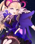  1girl arknights arknights:_endfield black_thighhighs blonde_hair blue_dress blue_gloves bow commentary_request dress gloves hagase_yui hair_bow half-heart_hands heart heart-shaped_pupils heart_hands heart_in_heart_hands highres horns liino_(arknights) long_hair looking_at_viewer offering_hand open_mouth partially_fingerless_gloves ponytail purple_bow purple_eyes solo star_(sky) starry_sky_background symbol-shaped_pupils thighhighs 