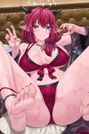  1girl armpits artist_name barefoot bikini black_bikini blue_eyes bow breasts commentary detached_sleeves english_commentary feet hair_ornament halo heterochromia highres hololive hololive_english horns irys_(hololive) long_pointy_ears looking_at_viewer lying multicolored_hair navel on_back pointy_ears red_bikini red_bow red_eyes red_hair red_nails seraphim_throne signature smile soles solo star_(symbol) star_hair_ornament star_halo sweat swimsuit tan thighs toenails toes two-tone_hair v virtual_youtuber watermark 