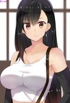  breasts collarbone earrings elbow_gloves final_fantasy final_fantasy_vii gloves impossible_clothes impossible_shirt isshiki_(ffmania7) jewelry large_breasts long_hair looking_at_viewer red_eyes shirt smile solo suspenders tifa_lockhart twitter_username upper_body 