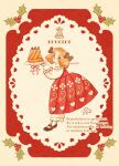  1girl abstract_background artist_name black_slippers blonde_hair brown_eyes bundt_cake christmas christmas_card commentary_request dress english_text food french_text frilled_pants frills from_side full_body gingerbread_man greeting_card highres holding holding_food long_sleeves looking_at_viewer mistletoe no_pupils original pants pantyhose red_dress saigasai short_eyebrows slippers solo thick_eyebrows watermark white_background white_pants white_pantyhose 