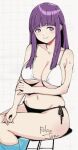  1girl alternate_costume artist_name bikini black_bikini blunt_bangs blush breasts cleavage closed_mouth collarbone commentary english_commentary fern_(sousou_no_frieren) large_breasts long_hair looking_at_viewer mismatched_bikini navel paid_reward_available purple_eyes purple_hair purple_pupils relaxjon side-tie_bikini_bottom smile soaking_feet solo sousou_no_frieren swimsuit thighs underboob water white_bikini 