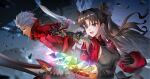  1boy 1girl absurdres archer_(fate) archer_(honkai:_star_rail)_(fate) black_gloves black_hair black_shirt blue_eyes breasts chinese_commentary coat commentary_request crystal dual_wielding fate/stay_night fate/unlimited_blade_works fate_(series) gloves highres holding holding_sword holding_weapon honkai:_star_rail honkai_(series) jacket large_breasts long_hair open_mouth pointy_ears red_coat red_jacket shirt short_hair sword tohsaka_rin tohsaka_rin_(honkai:_star_rail) twintails very_long_hair weapon white_hair yiyu_qing_mang 