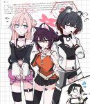  1boy 3girls animal_ear_fluff animal_ears black_hair black_shirt black_thighhighs blue_archive blue_eyes breasts camisole cevio commentary_request cosplay dress flying_sweatdrops grid_background halo hand_up highres hippi hippi_(cosplay) hukuro_kasiwa ia_(vocaloid) ia_(vocaloid)_(cosplay) jacket kaede_(blue_archive) kagamine_len kagamine_len_(cosplay) large_breasts long_hair mimori_(blue_archive) multiple_girls odaibako one_(cevio) one_(cevio)_(cosplay) open_clothes open_jacket orange_dress pink_hair pink_halo pink_shorts pleated_dress request_inset sensei_(blue_archive) shirt short_dress short_hair shorts skirt taking_picture thighhighs tsubaki_(blue_archive) vocaloid white_background white_jacket yawning 