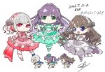  3girls 6th_live_dream_~bloom_garden_party~ :d absurdres blue_cape blue_hat brown_hair c: cape chibi chibi_only closed_mouth colored_inner_hair commentary_request dress flower-shaped_hair fujishima_megumi green_cape green_dress green_eyes green_hat grey_dress grey_hair hana_sakeba_yume_kakeru hasu_no_daisankaku hat heart heart_hands highres ima_kako_mirai_no_sangenshoku jacket long_hair long_sleeves love_live! love_live!_hasu_no_sora_jogakuin_school_idol_club love_live!_hasu_no_sora_jogakuin_school_idol_club_bloom_garden_party mini_hat mini_top_hat multicolored_hair multiple_girls multiple_views oofushi_ao open_hands open_mouth otomune_kozue outstretched_arms pants pantyhose puffy_long_sleeves puffy_sleeves purple_cape purple_eyes purple_hair purple_hat red_dress red_eyes red_hair red_streaks running shirt short_hair side_cape side_ponytail signature simple_background sleeveless sleeveless_dress sleeveless_jacket smile solid_oval_eyes sparkle_hair_ornament split_mouth strapless strapless_dress streaked_hair top_hat v-shaped_eyebrows white_background white_jacket white_pants white_pantyhose white_shirt yugiri_tsuzuri 