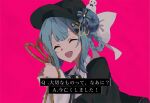  1girl :d ^_^ bird_hat_ornament black_bow black_bowtie black_capelet black_hat blue_hair blue_necktie bow bowtie braid braided_hair_rings capelet closed_eyes closed_mouth collared_shirt commentary deerstalker hair_bow hair_rings hat hat_bow highres holding holding_rope ishikimourou long_sleeves looking_at_viewer mahou_shoujo_no_majo_saiban necktie open_mouth pink_background rope shirt short_hair simple_background smile solo spoilers tachibana_sherry untranslatable_commentary upper_body white_shirt 