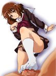  brown_eyes brown_hair censored feet femdom footjob gradient gradient_background hibike!_euphonium highres looking_at_viewer no_shoes oumae_kumiko penis ponpon school_uniform short_hair socks toes wavy_hair 