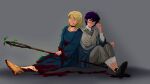  2girls absurdres agott_arklaum_(tongari_boushi_no_atelier) ambrosia_(dungeon_meshi) black_hair blonde_hair blood blood_on_clothes blood_on_hand blush choker closed_eyes coco_(tongari_boushi_no_atelier) cosplay dungeon_meshi falin_touden falin_touden_(cosplay) feathers grey_background highres holding holding_staff marcille_donato marcille_donato_(cosplay) medium_hair multiple_girls parody purple_eyes shoes simple_background sitting smsome27 staff tongari_boushi_no_atelier wavy_hair 