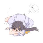  1girl black_hair blush closed_eyes commentary_request dress hair_ornament hasu_no_sora_school_uniform jellyfish_cut katsuragi_izumi long_hair love_live! love_live!_hasu_no_sora_jogakuin_school_idol_club lying neckerchief on_stomach puffy_short_sleeves puffy_sleeves sailor_collar scared school_uniform shinanoya_(satanicad) short_sleeves shout_lines solo spoken_ghost summer_uniform triangle_hair_ornament virtual_youtuber white_dress white_sailor_collar yellow_neckerchief 