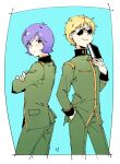  2boys black_collar blonde_hair book char_aznable collar commentary_request cowboy_shot crossed_arms from_side garma_zabi green_jacket green_pants gundam holding holding_book jacket long_sleeves looking_at_viewer looking_back medium_hair military_rank_insignia military_uniform mobile_suit_gundam mobile_suit_gundam_the_origin multiple_boys p.kibi pants purple_hair science_fiction short_hair smirk sunglasses unamused zeon 