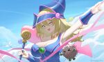  >_< 1girl arm_up armpits bare_shoulders bird blonde_hair blue_dress blue_hat blue_sky blush_stickers bracer breasts chinese_commentary cloud cloudy_sky commentary_request dark_magician_girl day dove dress duel_monster fingernails green_eyes happy05x hat highres holding holding_wand index_finger_raised kuriboh large_breasts long_hair looking_at_viewer one_eye_closed open_mouth pentacle phrygian_helmet pink_hat pink_nails sky smile teeth upper_teeth_only wand wizard_hat yellow_collar yu-gi-oh! yu-gi-oh!_duel_monsters 
