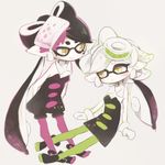  aori_(splatoon) arms_behind_back cousins detached_collar domino_mask dress earrings eyebrows gloves green_legwear hair_rings hotaru_(splatoon) jewelry long_hair mask multiple_girls no_nose pantyhose pointy_ears purple_legwear short_hair short_jumpsuit sikuku smile splatoon_(series) splatoon_1 strapless strapless_dress tentacle_hair thick_eyebrows unitard white_gloves white_hair yellow_eyes 