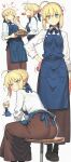  1girl absurdres ahoge ahoge_wag apron artoria_pendragon_(fate) ass black_shoes blonde_hair blue_apron blush braid braided_base braided_bun brown_skirt bun_with_braided_base commentary cookie eating expressive_hair fate/stay_night fate_(series) flying_sweatdrops food green_eyes hair_bun hand_on_own_hip heart highres kamisato_sora long_skirt long_sleeves multiple_views saber_(fate) shirt shoes sitting skirt sweat untranslatable_commentary white_shirt 