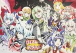  3boys 6+girls :d androgynous animal_ear_fluff animal_ears arched_bangs armor beads black_hair blonde_hair blue_eyes blue_hair blush bob_cut breasts capelet cat_ears cleavage cloak closed_mouth commentary_request dog_girl dougi dress elf flat_chest flipped_hair fox_boy fox_ears fox_girl futoku_no_guild gloves gotou_junji green_dress green_eyes green_hair grey_hair hair_beads hair_between_eyes hair_ornament hair_over_shoulder hanabata_nohkins hat highres hitamu_kyan holding holding_scythe holding_staff hooded_shirt kanzebo_bii karate_gi kikuru_madan koin_ronribasu large_breasts leaning_forward long_hair long_sidelocks long_sleeves looking_at_viewer maidena_angers marker_(medium) medium_breasts medium_hair middle_part multiple_boys multiple_girls noma_rune okuri_bii open_mouth parted_bangs pink_hair pointy_ears purple_capelet raccoon_ears red_background red_cloak red_eyes red_hat scythe shirt short_eyebrows short_hair shoulder_armor sidelocks silhouette sketch skirt sleeveless sleeveless_jacket small_breasts smile staff standing star_(symbol) star_hair_ornament sweat teeth thick_eyebrows tokishikko_dana traditional_media trap tsurime twintails upper_teeth_only v v-shaped_eyebrows very_long_hair yellow_eyes 