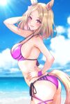  1girl :d absurdres alternate_costume animal_ears beach bikini blonde_hair blue_sky breasts cloud commentary_request commission cowboy_shot day ear_covers gradient_eyes hair_ornament hand_on_own_hip highres horse_ears horse_girl horse_tail large_breasts looking_at_viewer looking_to_the_side multicolored_eyes narita_top_road_(umamusume) nitamako_(sakamalh) open_mouth outdoors parted_bangs purple_background purple_eyes short_hair side-tie_bikini_bottom sideboob single_ear_cover skeb_commission sky smile solo swimsuit tail umamusume yellow_eyes 