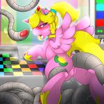  abdominal_bulge anal anal_penetration anus blonde_hair blue_eyes blush camychan clitoris collar computer equine fan_character female fur hair half-closed_eyes hooves horn horse looking_back mammal my_little_pony open_mouth penetration pony purple_fur pussy solo tentacles tiara tongue tongue_out underhoof wings 