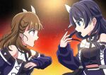  2girls absurdres ampere_(love_live!) black_shirt blue_coat blue_eyes blue_hair blue_skirt braid brown_hair center-flap_bangs coat commentary dancing dollchestra eye_contact gradient_background half_updo highres kachimachi_kosuzu long_hair long_sleeves looking_at_another love_live! love_live!_hasu_no_sora_jogakuin_school_idol_club midriff multiple_girls murano_sayaka off-shoulder_coat off_shoulder open_clothes open_coat open_mouth orange_background pink_eyes profile shirt side_braids skirt sleeveless sleeveless_shirt sweat toba_(soratob108) untranslatable_commentary virtual_youtuber 