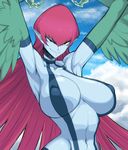  armpits blue_skin breasts chromatic_aberration covered_nipples duel_monster feathered_wings feathers green_eyes halterneck harpie_lady harpy highres huge_breasts monster_girl navel pointy_ears red_hair slender_waist smile solo space_jin wings yuu-gi-ou yuu-gi-ou_duel_monsters 