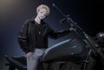  1boy absurdres black_jacket black_shirt blonde_hair collared_jacket dog_tags dokudami_(imouto_tasha_paranoia) game_asset grey_pants hand_on_own_thigh highres imouto_tasha_paranoia jacket long_sleeves looking_at_viewer motor_vehicle motorcycle non-web_source ohisashiburi on_motorcycle open_clothes open_mouth pants self-datamine shirt sidelighting sitting smile teeth 
