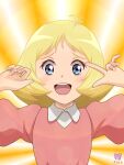  1girl absurdres aged_down artesia_som_deikun birthday blonde_hair blue_eyes child collared_shirt commentary_request dress_shirt fingernails gundam hands_up happy happy_birthday highres mobile_suit_gundam mobile_suit_gundam_the_origin nail_polish nyahoekaki1 open_mouth pink_lips puffy_sleeves sayla_mass shiny_lips shirt solo teeth tongue upper_teeth_only 