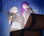  2girls aqua_eyes black_cloak blunt_bangs breasts capelet cloak commentary dress earrings elf english_commentary fern_(sousou_no_frieren) frieren gretarting grey_hair gun hair_ornament highres jewelry light_machine_gun long_hair m249_saw machine_gun medium_breasts multiple_girls pointy_ears purple_eyes purple_hair signature sousou_no_frieren suppressor teardrop_earrings time_paradox treasure_chest twintails weapon white_capelet white_dress 