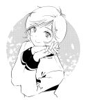  1boy cheek_rest commentary_request fingernails from_above garma_zabi gundam highres interlocked_fingers jacket light_blush long_sleeves looking_at_viewer male_focus medium_hair military_jacket mobile_suit_gundam monochrome p.kibi smile solo upper_body zeon 