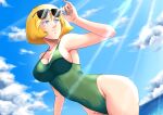  1girl absurdres alternate_breast_size_(larger) blonde_hair blue_eyes blue_sky breasts cleavage cloud cloudy_sky collarbone commentary covered_navel day dutch_angle eyewear_on_head green_one-piece_swimsuit grin gundam guttiworld highleg highleg_one-piece_swimsuit highres large_breasts looking_back medium_hair mobile_suit_gundam ocean one-piece_swimsuit open_clothes outdoors sayla_mass sky smile solo sunglasses sunlight swimsuit 