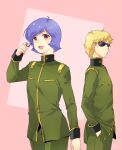  2boys black_collar blonde_hair blush char_aznable collar commentary_request cowboy_shot fingernails from_side garma_zabi green_jacket green_pants gundam hand_in_own_hair hands_in_pockets jacket light_frown long_sleeves looking_at_viewer male_focus medium_hair military_uniform mobile_suit_gundam mobile_suit_gundam_the_origin multiple_boys open_mouth p.kibi pants short_hair smile tongue zeon 