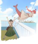  >_< 2girls absurdres arms_up bag black_hair blue_eyes braid closed_eyes closed_mouth collared_shirt commentary dress english_commentary full_body green_skirt highres kimbeanie lara_(sayonara_lara) long_hair looking_at_another merfolk mermaid monster_girl motion_lines multiple_girls notice_lines ootsu_mari open_mouth outdoors polo_shirt red_hair sayonara_lara shirt short_hair shoulder_bag skirt surprised throwing throwing_person 