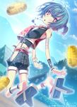  :o bandages blue_hair dutch_angle flat_chest geta gold jewelry jumping koban_(gold) looking_at_viewer looking_back necklace open_mouth red_eyes sakuya_tsuitachi short_hair shorts solo sparkle tenka_touitsu_chronicle v-shaped_eyebrows 