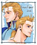  2026 2boys armor bare_shoulders beard_stubble blonde_hair blue_armor brothers closed_mouth collarbone commentary_request earrings edgar_roni_figaro facial_hair final_fantasy final_fantasy_vi highres jas_(jasjasjasart) jewelry long_hair low_ponytail male_focus medium_hair multiple_boys parted_lips ponytail popped_collar portrait sabin_rene_figaro siblings stubble upper_body 