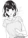  1girl alternate_hairstyle black_hair blush breasts breath greyscale koi_to_uso large_breasts mesubarutan monochrome non-web_source polo_shirt ponytail shirt takasaki_misaki_(koi_to_uso) upper_body 