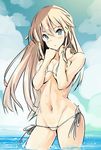  bikini bismarck_(kantai_collection) blonde_hair blue_eyes blush cloud covering covering_breasts cowboy_shot day iwasaki_takashi kantai_collection long_hair looking_at_viewer navel side-tie_bikini sky solo swimsuit very_long_hair wading white_bikini 