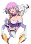  1girl \\// boots breasts cleavage collared_shirt commentary_request elbow_gloves epaulettes framed_breasts frilled_skirt frills full_body gloves gridman_universe gridman_universe_(movie) halo highres large_breasts notuki_a open_mouth purple_hair purple_skirt red_eyes shinjou_akane shinjou_akane_(new_order) shirt short_hair skirt smile solo ssss.gridman thigh_boots thighhighs thighhighs_under_boots white_background white_boots white_gloves 