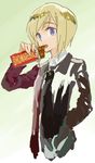  blonde_hair candy_wrapper chocolate chocolate_bar erica_hartmann hand_in_pocket holding homare_(homaredai) lavender_eyes long_sleeves short_hair solo strike_witches twitter_username world_witches_series 