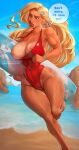  1girl absurdres ahoge artist_name blonde_hair blush blushed_arts breasts brown_lips cleavage dark-skinned_female dark_skin english_commentary english_text green_eyes highleg highleg_one-piece_swimsuit highres holding holding_surfboard large_breasts lifeguard lifeguard_(lilo_&amp;_stitch) lilo_&amp;_stitch long_hair navel nipple_piercing nipples one-piece_swimsuit outdoors patreon_username piercing red_one-piece_swimsuit solo speech_bubble surfboard swimsuit tan tanlines watch web_address wristwatch 